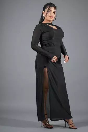 Black ruched polyester cowl neck long dress for women