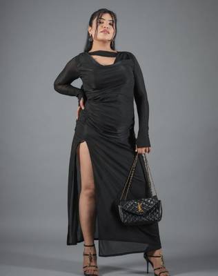 Black ruched polyester cowl neck long dress for women 4