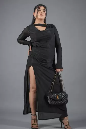 Black ruched polyester cowl neck long dress for women