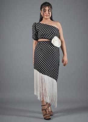 Black & white polka dot fringe work crepe sheath midi dress 1