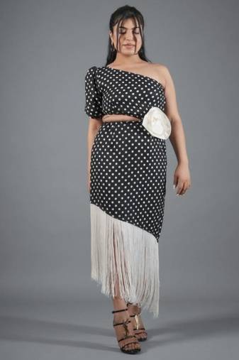 Black & white polka dot fringe work crepe sheath midi dress