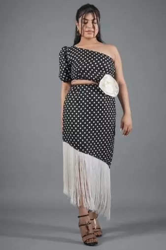 Black & white polka dot fringe work crepe sheath midi dress