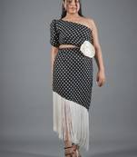 Black & white polka dot fringe work crepe sheath midi dress