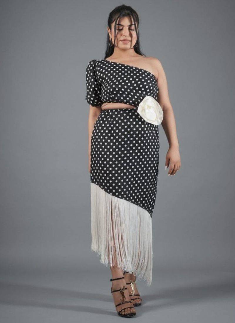 Black & white polka dot fringe work crepe sheath midi dress