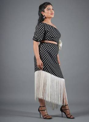 Black & white polka dot fringe work crepe sheath midi dress 2