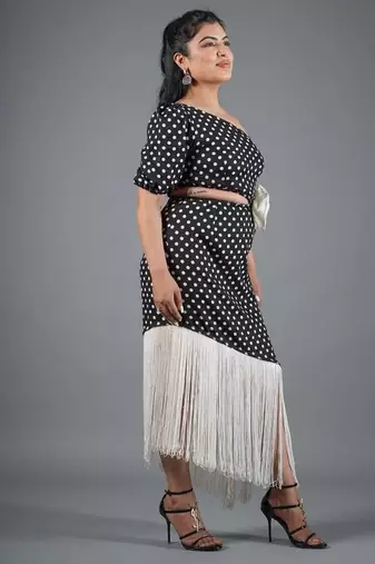 Black & white polka dot fringe work crepe sheath midi dress