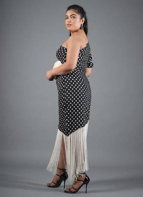 Black & white polka dot fringe work crepe sheath midi dress 3