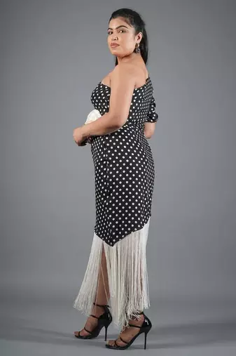 Black & white polka dot fringe work crepe sheath midi dress