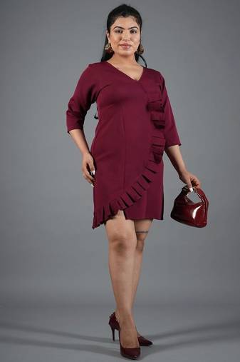 Maroon ruffle work polyester a-line mini dress