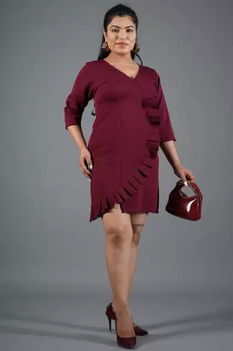 Maroon ruffle work polyester a-line mini dress