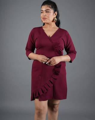 Maroon ruffle work polyester a-line mini dress 2