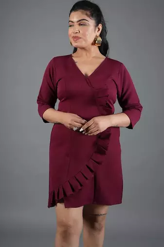 Maroon ruffle work polyester a-line mini dress