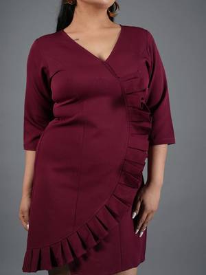 Maroon ruffle work polyester a-line mini dress 4