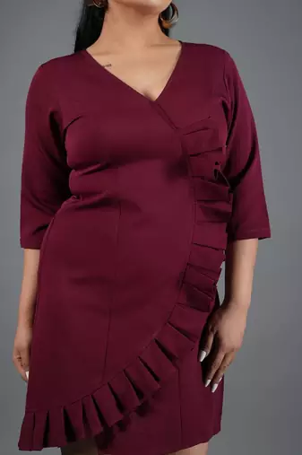 Maroon ruffle work polyester a-line mini dress