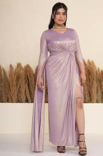 Lavender ruched satin draped gown dress