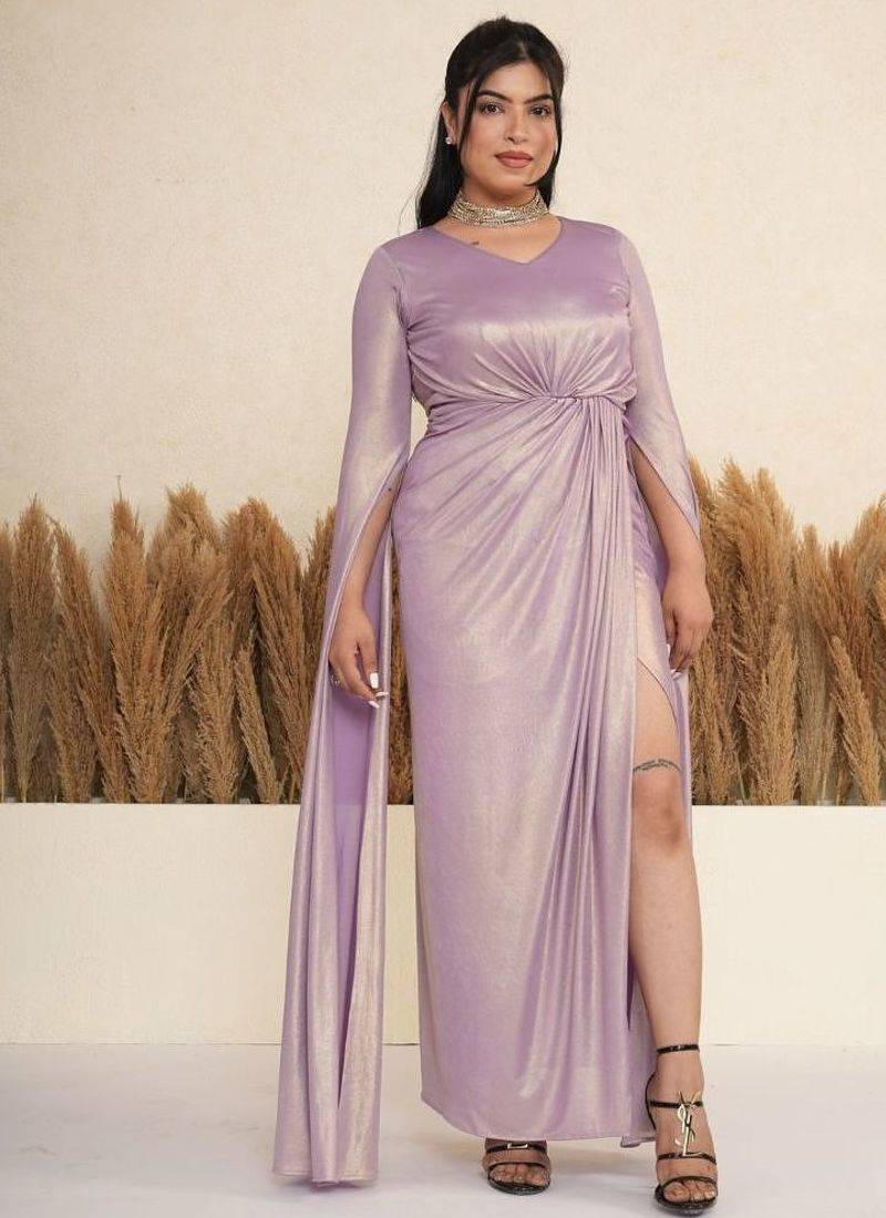 Lavender ruched satin draped gown dress