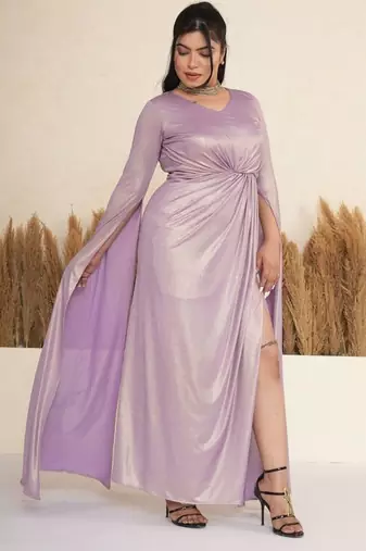Lavender ruched satin draped gown dress
