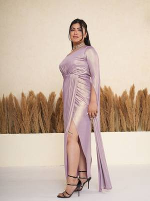 Lavender ruched satin draped gown dress 3