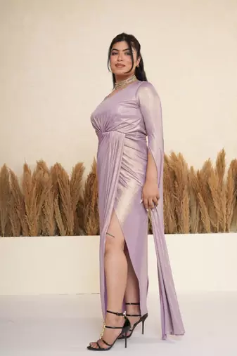Lavender ruched satin draped gown dress