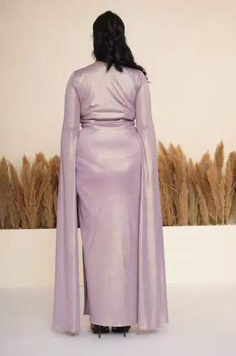Lavender ruched satin draped gown dress
