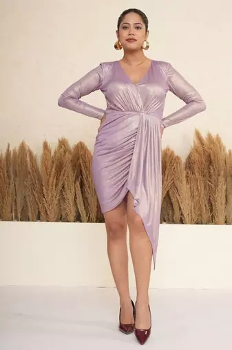 Lavender ruched polyester bodycon mini dress for women