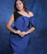 Blue & black bow work crepe sheath mini dress
