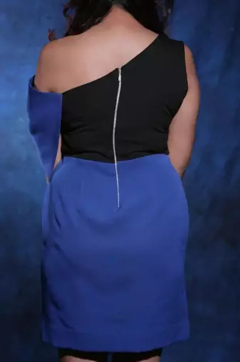 Blue & black bow work crepe sheath mini dress