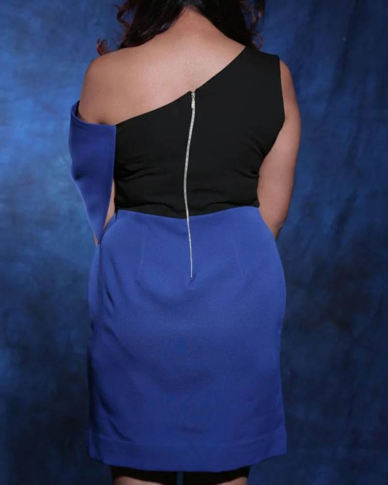 Blue & black bow work crepe sheath mini dress