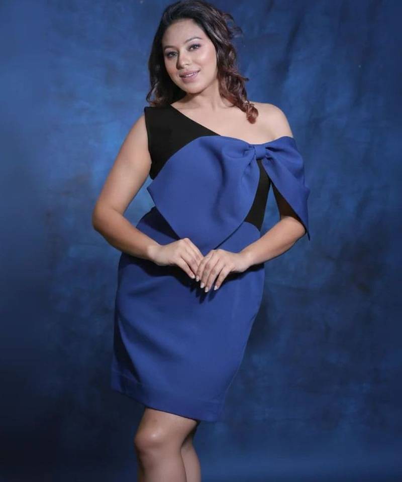 Blue & black bow work crepe sheath mini dress