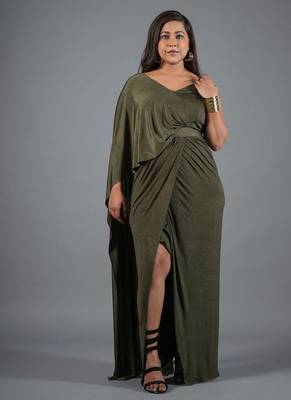 Olive green ruched shimmer kaftan gown dress for women 1