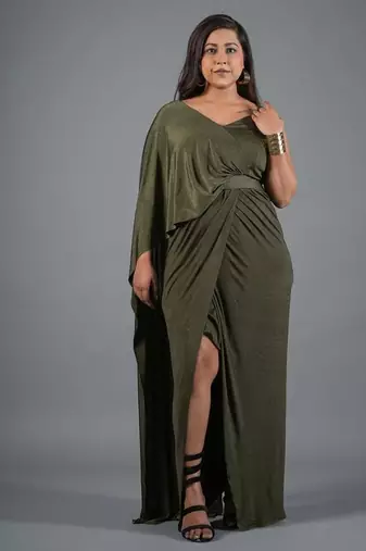 Olive green ruched shimmer kaftan gown dress for women