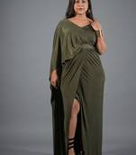 Olive green ruched shimmer kaftan gown dress for women
