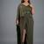 Olive green ruched shimmer kaftan gown dress for women