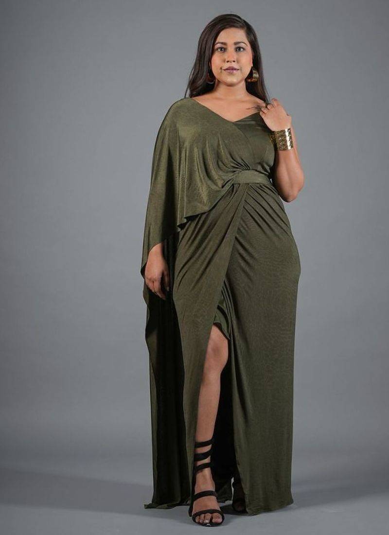 Olive green ruched shimmer kaftan gown dress for women
