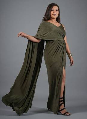 Olive green ruched shimmer kaftan gown dress for women 2