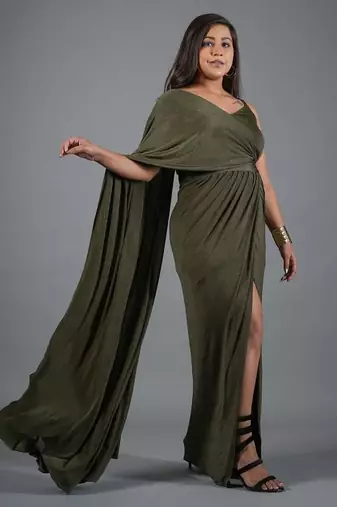 Olive green ruched shimmer kaftan gown dress for women