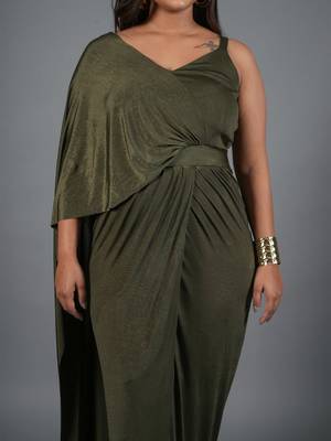 Olive green ruched shimmer kaftan gown dress for women 3