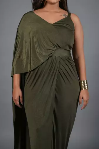 Olive green ruched shimmer kaftan gown dress for women