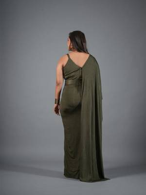 Olive green ruched shimmer kaftan gown dress for women 4