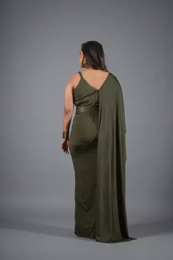 Olive green ruched shimmer kaftan gown dress for women