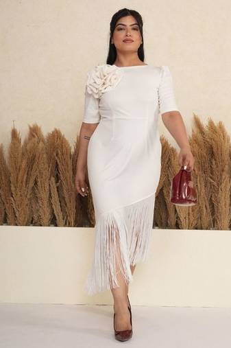 White floral applique crepe asymmetric midi dress for women