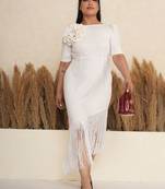 White floral applique crepe asymmetric midi dress for women