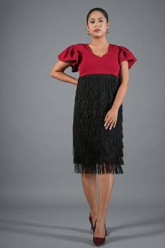 Red & black fringe work crepe fit & flare midi dress