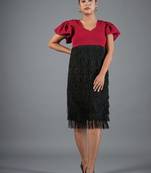 Red & black fringe work crepe fit & flare midi dress