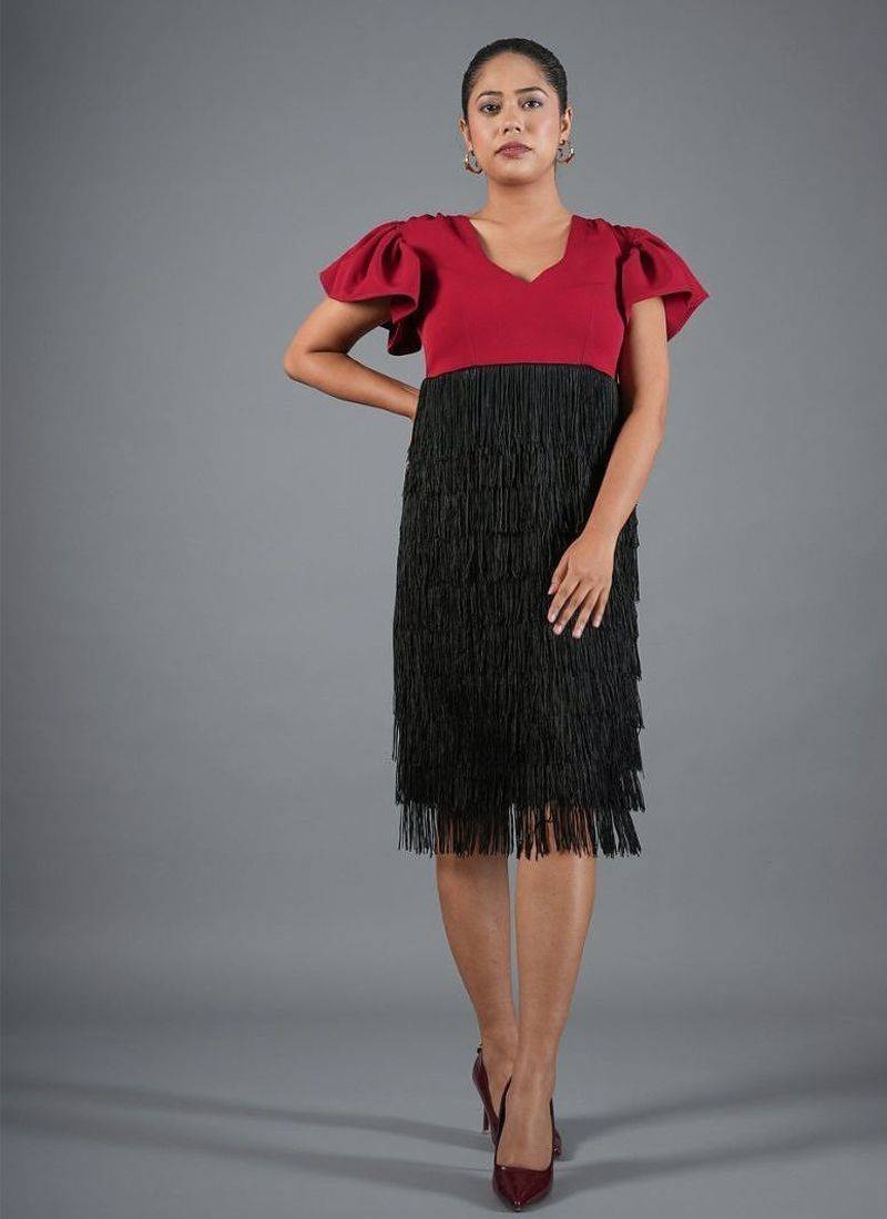 Red & black fringe work crepe fit & flare midi dress