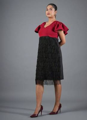 Red & black fringe work crepe fit & flare midi dress 2