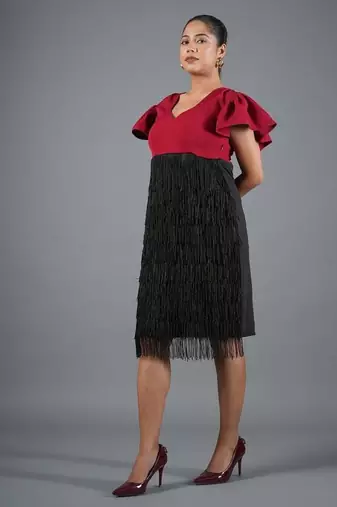 Red & black fringe work crepe fit & flare midi dress