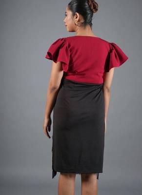 Red & black fringe work crepe fit & flare midi dress 3