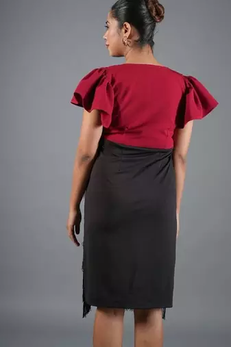 Red & black fringe work crepe fit & flare midi dress