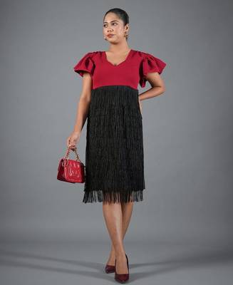 Red & black fringe work crepe fit & flare midi dress 4